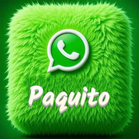 Cubo gigante cubierto de suave pelaje verde con el logotipo blanco de WhatsApp en 3D incrustado. Nombre en blanco suave que sigue la textura del pelaje en la parte inferior. Diseño con el nombre Paquito.