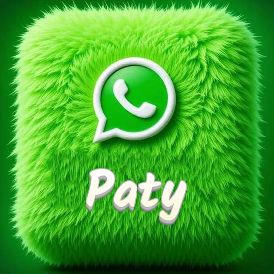 Cubo gigante cubierto de suave pelaje verde con el logotipo blanco de WhatsApp en 3D incrustado. Nombre en blanco suave que sigue la textura del pelaje en la parte inferior. Diseño con el nombre Paty.