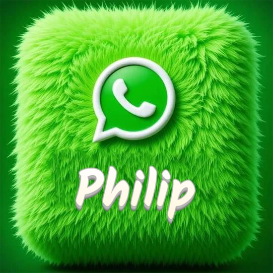 Cubo gigante cubierto de suave pelaje verde con el logotipo blanco de WhatsApp en 3D incrustado. Nombre en blanco suave que sigue la textura del pelaje en la parte inferior. Diseño con el nombre Philip.