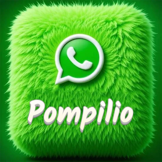 Cubo gigante cubierto de suave pelaje verde con el logotipo blanco de WhatsApp en 3D incrustado. Nombre en blanco suave que sigue la textura del pelaje en la parte inferior. Diseño con el nombre Pompilio.
