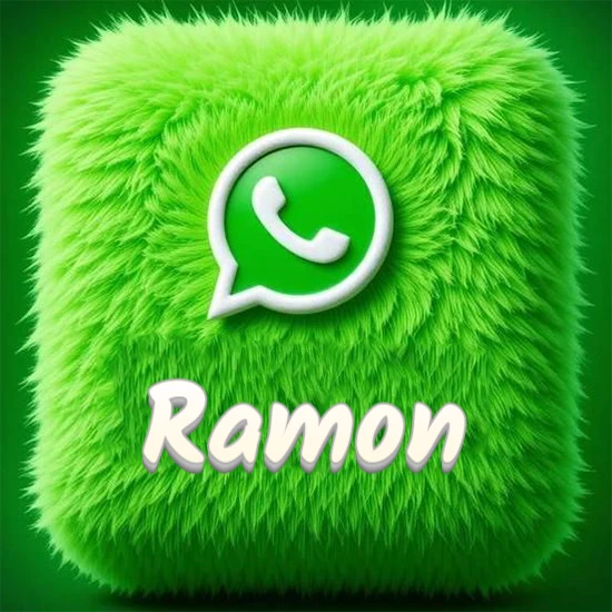 Cubo gigante cubierto de suave pelaje verde con el logotipo blanco de WhatsApp en 3D incrustado. Nombre en blanco suave que sigue la textura del pelaje en la parte inferior. Diseño con el nombre Ramon.