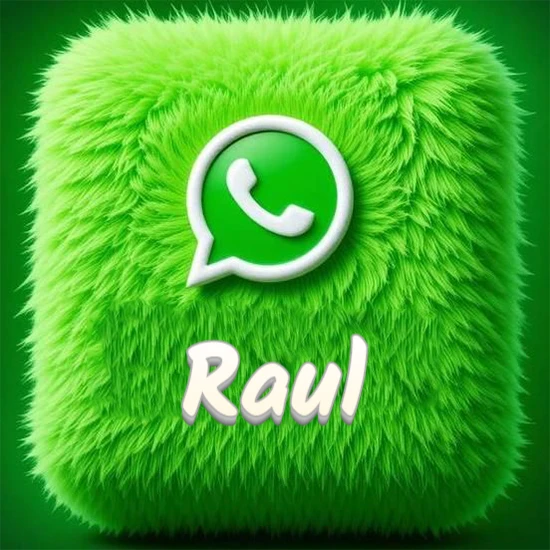 Cubo gigante cubierto de suave pelaje verde con el logotipo blanco de WhatsApp en 3D incrustado. Nombre en blanco suave que sigue la textura del pelaje en la parte inferior. Diseño con el nombre Raul.