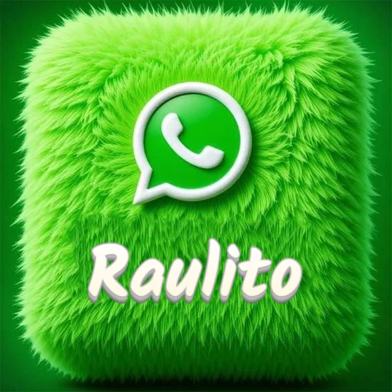 Cubo gigante cubierto de suave pelaje verde con el logotipo blanco de WhatsApp en 3D incrustado. Nombre en blanco suave que sigue la textura del pelaje en la parte inferior. Diseño con el nombre Raulito.