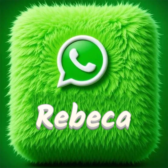 Cubo gigante cubierto de suave pelaje verde con el logotipo blanco de WhatsApp en 3D incrustado. Nombre en blanco suave que sigue la textura del pelaje en la parte inferior. Diseño con el nombre Rebeca.