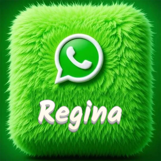 Cubo gigante cubierto de suave pelaje verde con el logotipo blanco de WhatsApp en 3D incrustado. Nombre en blanco suave que sigue la textura del pelaje en la parte inferior. Diseño con el nombre Regina.