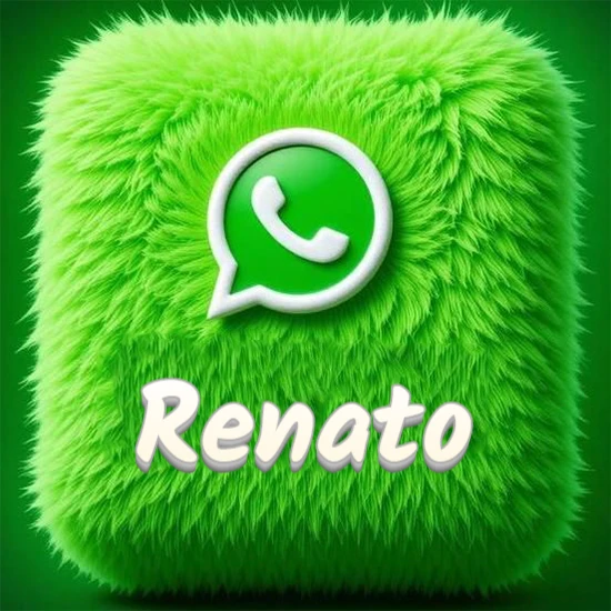 Cubo gigante cubierto de suave pelaje verde con el logotipo blanco de WhatsApp en 3D incrustado. Nombre en blanco suave que sigue la textura del pelaje en la parte inferior. Diseño con el nombre Renato.