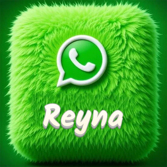 Cubo gigante cubierto de suave pelaje verde con el logotipo blanco de WhatsApp en 3D incrustado. Nombre en blanco suave que sigue la textura del pelaje en la parte inferior. Diseño con el nombre Reyna.