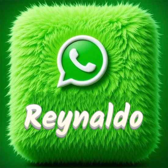 Cubo gigante cubierto de suave pelaje verde con el logotipo blanco de WhatsApp en 3D incrustado. Nombre en blanco suave que sigue la textura del pelaje en la parte inferior. Diseño con el nombre Reynaldo.