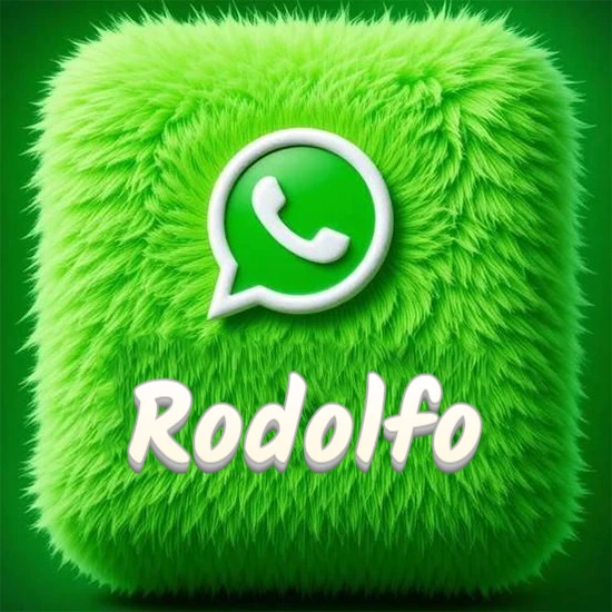 Cubo gigante cubierto de suave pelaje verde con el logotipo blanco de WhatsApp en 3D incrustado. Nombre en blanco suave que sigue la textura del pelaje en la parte inferior. Diseño con el nombre Rodolfo.