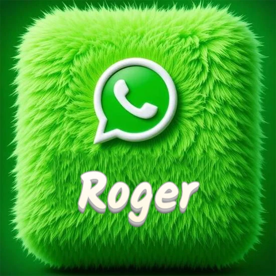 Cubo gigante cubierto de suave pelaje verde con el logotipo blanco de WhatsApp en 3D incrustado. Nombre en blanco suave que sigue la textura del pelaje en la parte inferior. Diseño con el nombre Roger.