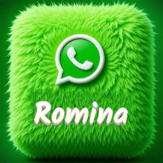 Cubo gigante cubierto de suave pelaje verde con el logotipo blanco de WhatsApp en 3D incrustado. Nombre en blanco suave que sigue la textura del pelaje en la parte inferior. Diseño con el nombre Romina.