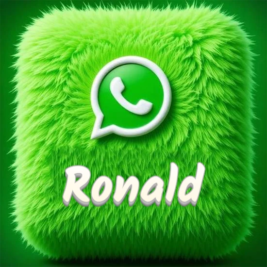Cubo gigante cubierto de suave pelaje verde con el logotipo blanco de WhatsApp en 3D incrustado. Nombre en blanco suave que sigue la textura del pelaje en la parte inferior. Diseño con el nombre Ronald.