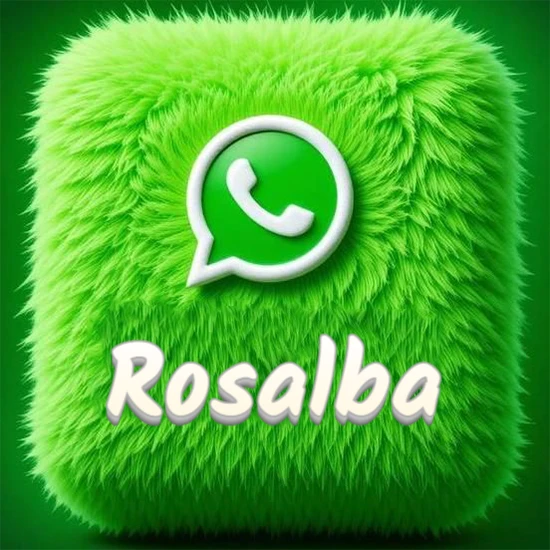 Cubo gigante cubierto de suave pelaje verde con el logotipo blanco de WhatsApp en 3D incrustado. Nombre en blanco suave que sigue la textura del pelaje en la parte inferior. Diseño con el nombre Rosalba.