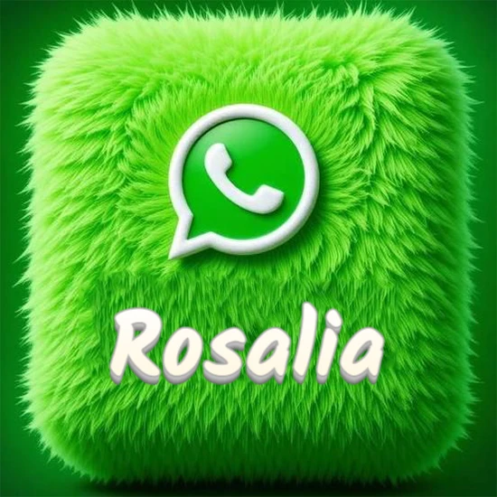 Cubo gigante cubierto de suave pelaje verde con el logotipo blanco de WhatsApp en 3D incrustado. Nombre en blanco suave que sigue la textura del pelaje en la parte inferior. Diseño con el nombre Rosalia.