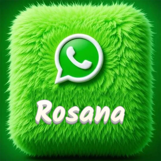 Cubo gigante cubierto de suave pelaje verde con el logotipo blanco de WhatsApp en 3D incrustado. Nombre en blanco suave que sigue la textura del pelaje en la parte inferior. Diseño con el nombre Rosana.