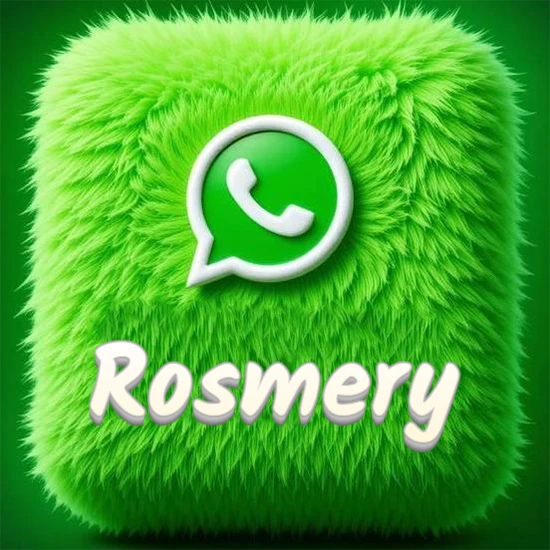 Cubo gigante cubierto de suave pelaje verde con el logotipo blanco de WhatsApp en 3D incrustado. Nombre en blanco suave que sigue la textura del pelaje en la parte inferior. Diseño con el nombre Rosmery.