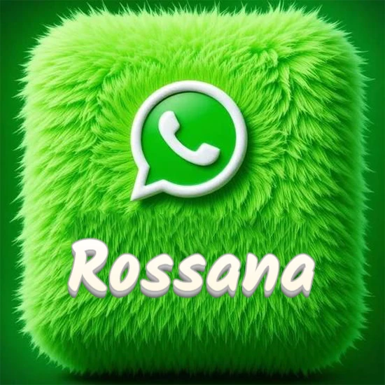 Cubo gigante cubierto de suave pelaje verde con el logotipo blanco de WhatsApp en 3D incrustado. Nombre en blanco suave que sigue la textura del pelaje en la parte inferior. Diseño con el nombre Rossana.