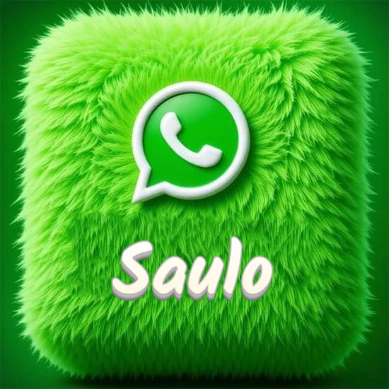 Cubo gigante cubierto de suave pelaje verde con el logotipo blanco de WhatsApp en 3D incrustado. Nombre en blanco suave que sigue la textura del pelaje en la parte inferior. Diseño con el nombre Saulo.
