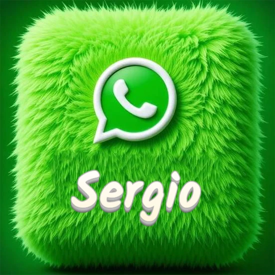 Cubo gigante cubierto de suave pelaje verde con el logotipo blanco de WhatsApp en 3D incrustado. Nombre en blanco suave que sigue la textura del pelaje en la parte inferior. Diseño con el nombre Sergio.