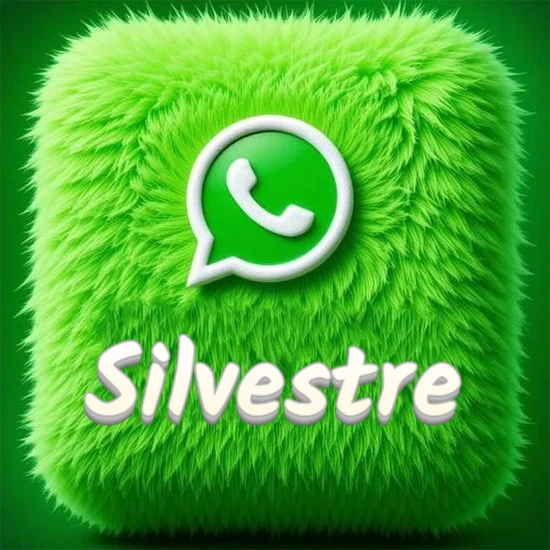 Cubo gigante cubierto de suave pelaje verde con el logotipo blanco de WhatsApp en 3D incrustado. Nombre en blanco suave que sigue la textura del pelaje en la parte inferior. Diseño con el nombre Silvestre.