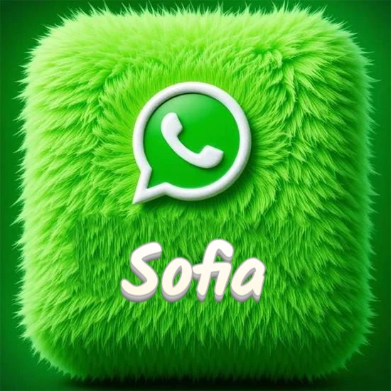 Cubo gigante cubierto de suave pelaje verde con el logotipo blanco de WhatsApp en 3D incrustado. Nombre en blanco suave que sigue la textura del pelaje en la parte inferior. Diseño con el nombre Sofia.
