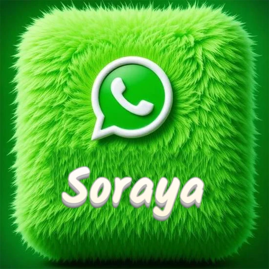 Cubo gigante cubierto de suave pelaje verde con el logotipo blanco de WhatsApp en 3D incrustado. Nombre en blanco suave que sigue la textura del pelaje en la parte inferior. Diseño con el nombre Soraya.