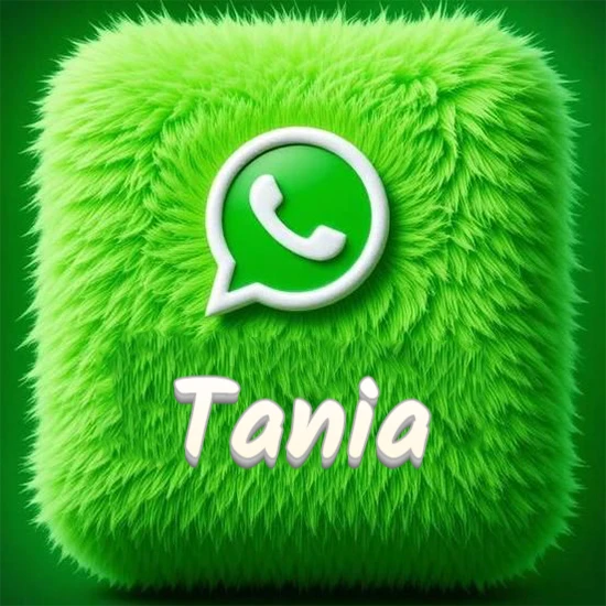 Cubo gigante cubierto de suave pelaje verde con el logotipo blanco de WhatsApp en 3D incrustado. Nombre en blanco suave que sigue la textura del pelaje en la parte inferior. Diseño con el nombre Tania.