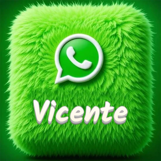Cubo gigante cubierto de suave pelaje verde con el logotipo blanco de WhatsApp en 3D incrustado. Nombre en blanco suave que sigue la textura del pelaje en la parte inferior. Diseño con el nombre Vicente.