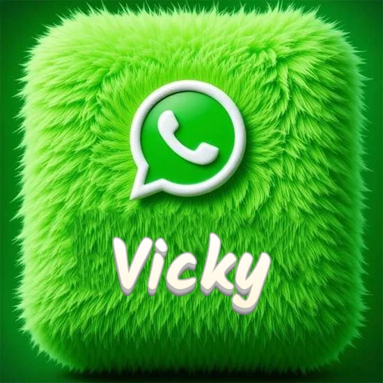 Cubo gigante cubierto de suave pelaje verde con el logotipo blanco de WhatsApp en 3D incrustado. Nombre en blanco suave que sigue la textura del pelaje en la parte inferior. Diseño con el nombre Vicky.