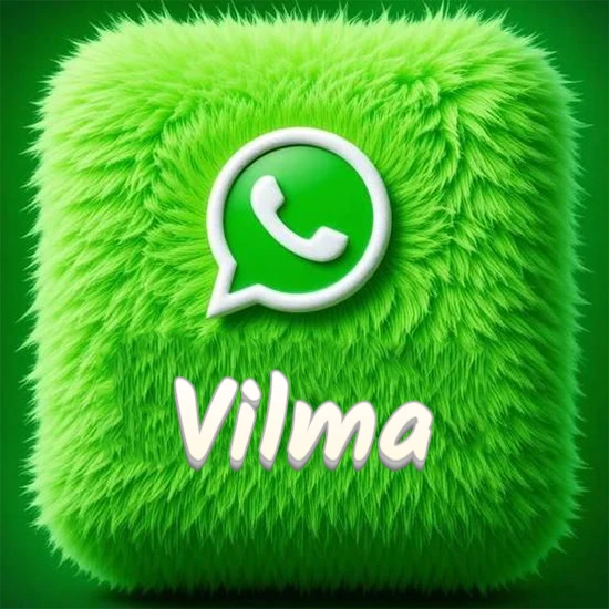 Cubo gigante cubierto de suave pelaje verde con el logotipo blanco de WhatsApp en 3D incrustado. Nombre en blanco suave que sigue la textura del pelaje en la parte inferior. Diseño con el nombre Vilma.