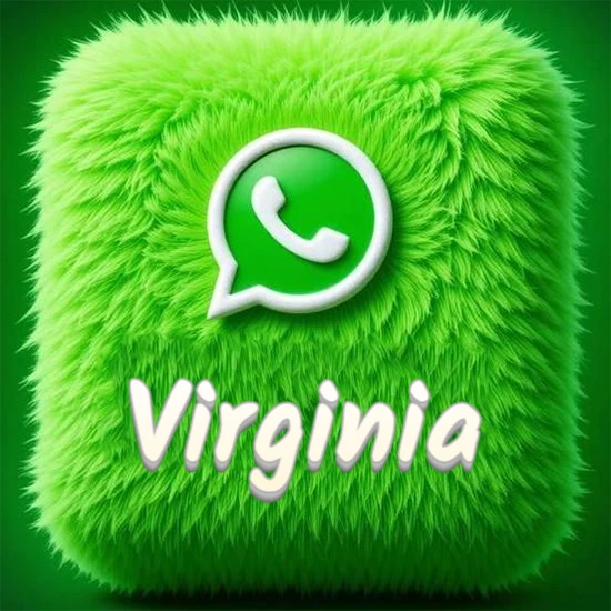 Cubo gigante cubierto de suave pelaje verde con el logotipo blanco de WhatsApp en 3D incrustado. Nombre en blanco suave que sigue la textura del pelaje en la parte inferior. Diseño con el nombre Virginia.