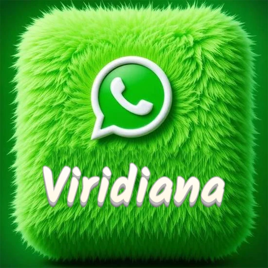 Cubo gigante cubierto de suave pelaje verde con el logotipo blanco de WhatsApp en 3D incrustado. Nombre en blanco suave que sigue la textura del pelaje en la parte inferior. Diseño con el nombre Viridiana.