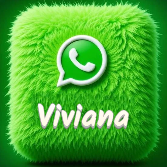 Cubo gigante cubierto de suave pelaje verde con el logotipo blanco de WhatsApp en 3D incrustado. Nombre en blanco suave que sigue la textura del pelaje en la parte inferior. Diseño con el nombre Viviana.