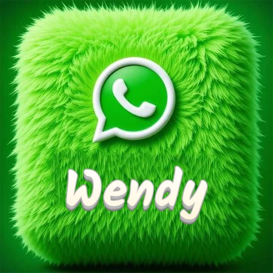 Cubo gigante cubierto de suave pelaje verde con el logotipo blanco de WhatsApp en 3D incrustado. Nombre en blanco suave que sigue la textura del pelaje en la parte inferior. Diseño con el nombre Wendy.