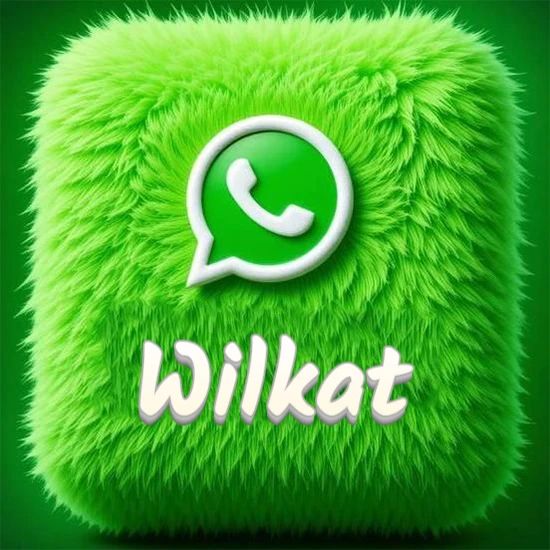 Cubo gigante cubierto de suave pelaje verde con el logotipo blanco de WhatsApp en 3D incrustado. Nombre en blanco suave que sigue la textura del pelaje en la parte inferior. Diseño con el nombre Wilkat.