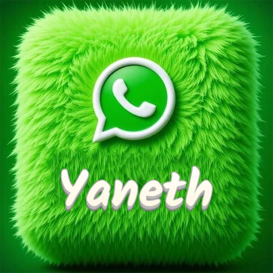 Cubo gigante cubierto de suave pelaje verde con el logotipo blanco de WhatsApp en 3D incrustado. Nombre en blanco suave que sigue la textura del pelaje en la parte inferior. Diseño con el nombre Yaneth.