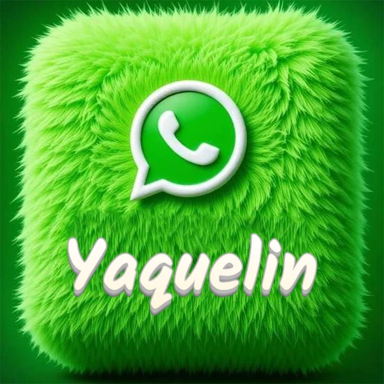 Cubo gigante cubierto de suave pelaje verde con el logotipo blanco de WhatsApp en 3D incrustado. Nombre en blanco suave que sigue la textura del pelaje en la parte inferior. Diseño con el nombre Yaquelin.