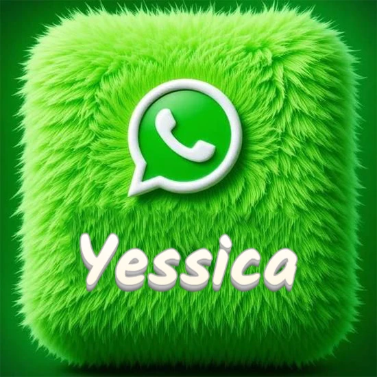 Cubo gigante cubierto de suave pelaje verde con el logotipo blanco de WhatsApp en 3D incrustado. Nombre en blanco suave que sigue la textura del pelaje en la parte inferior. Diseño con el nombre Yessica.