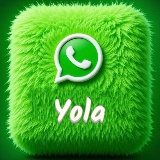Cubo gigante cubierto de suave pelaje verde con el logotipo blanco de WhatsApp en 3D incrustado. Nombre en blanco suave que sigue la textura del pelaje en la parte inferior. Diseño con el nombre Yola. Cubo gigante cubierto de suave pelaje verde con el logotipo blanco de WhatsApp en 3D incrustado. Nombre en blanco suave que sigue la textura del pelaje en la parte inferior. Diseño con el nombre Yola.
