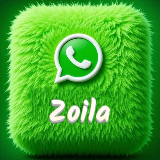 Cubo gigante cubierto de suave pelaje verde con el logotipo blanco de WhatsApp en 3D incrustado. Nombre en blanco suave que sigue la textura del pelaje en la parte inferior. Diseño con el nombre Zoila.