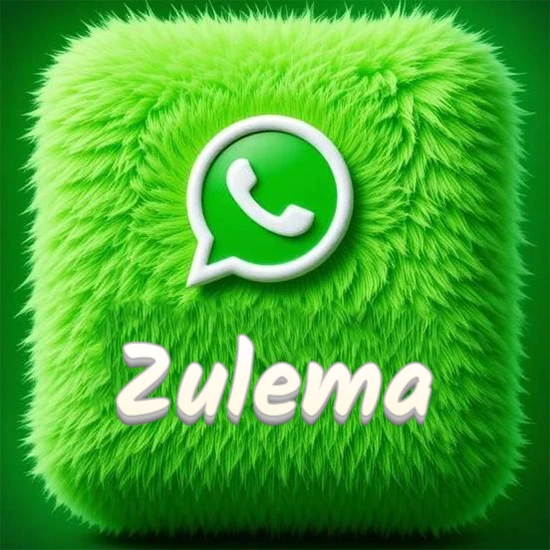 Cubo gigante cubierto de suave pelaje verde con el logotipo blanco de WhatsApp en 3D incrustado. Nombre en blanco suave que sigue la textura del pelaje en la parte inferior. Diseño con el nombre Zulema.