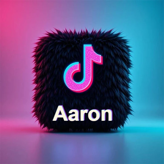 Cubo de pelaje negro oscuro con logotipo brillante de TikTok en fucsia y turquesa. Fondo degradado rosa y azul. Nombre destacado en blanco brillante en la base. Diseño con el nombre Aaron.