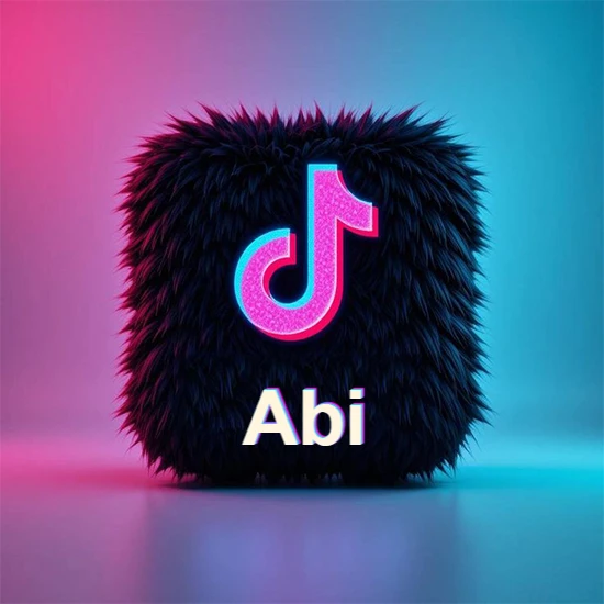 Cubo de pelaje negro oscuro con logotipo brillante de TikTok en fucsia y turquesa. Fondo degradado rosa y azul. Nombre destacado en blanco brillante en la base. Diseño con el nombre Abi. Cubo de pelaje negro oscuro con logotipo brillante de TikTok en fucsia y turquesa. Fondo degradado rosa y azul. Nombre destacado en blanco brillante en la base. Diseño con el nombre Abi.