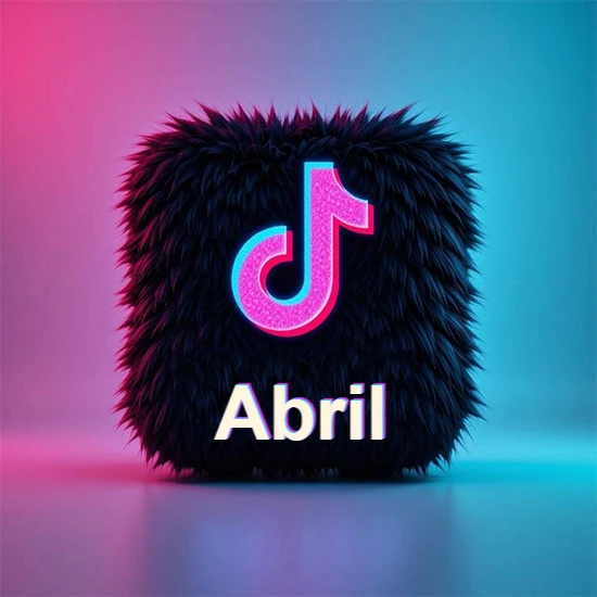 Cubo de pelaje negro oscuro con logotipo brillante de TikTok en fucsia y turquesa. Fondo degradado rosa y azul. Nombre destacado en blanco brillante en la base. Diseño con el nombre Abril.