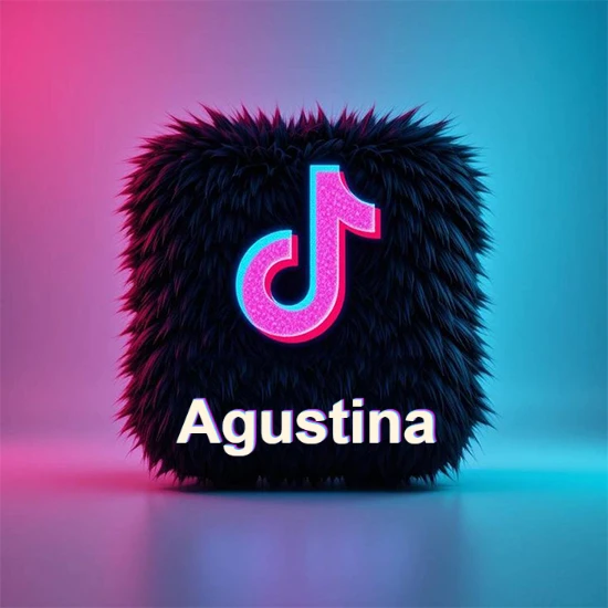 Cubo de pelaje negro oscuro con logotipo brillante de TikTok en fucsia y turquesa. Fondo degradado rosa y azul. Nombre destacado en blanco brillante en la base. Diseño con el nombre Agustina.