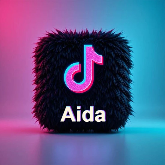 Cubo de pelaje negro oscuro con logotipo brillante de TikTok en fucsia y turquesa. Fondo degradado rosa y azul. Nombre destacado en blanco brillante en la base. Diseño con el nombre Aida. Cubo de pelaje negro oscuro con logotipo brillante de TikTok en fucsia y turquesa. Fondo degradado rosa y azul. Nombre destacado en blanco brillante en la base. Diseño con el nombre Aida.