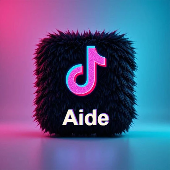 Cubo de pelaje negro oscuro con logotipo brillante de TikTok en fucsia y turquesa. Fondo degradado rosa y azul. Nombre destacado en blanco brillante en la base. Diseño con el nombre Aide.