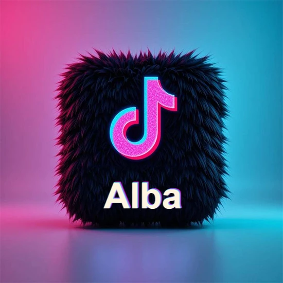 Cubo de pelaje negro oscuro con logotipo brillante de TikTok en fucsia y turquesa. Fondo degradado rosa y azul. Nombre destacado en blanco brillante en la base. Diseño con el nombre Alba.