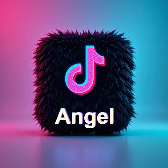 Cubo de pelaje negro oscuro con logotipo brillante de TikTok en fucsia y turquesa. Fondo degradado rosa y azul. Nombre destacado en blanco brillante en la base. Diseño con el nombre Angel.