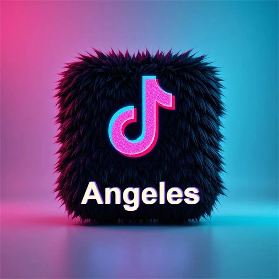 Cubo de pelaje negro oscuro con logotipo brillante de TikTok en fucsia y turquesa. Fondo degradado rosa y azul. Nombre destacado en blanco brillante en la base. Diseño con el nombre Angeles.